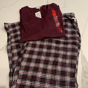 NWT Charter Club, v neck t-shirt, flannel pants, holiday plaid plum, pajamas